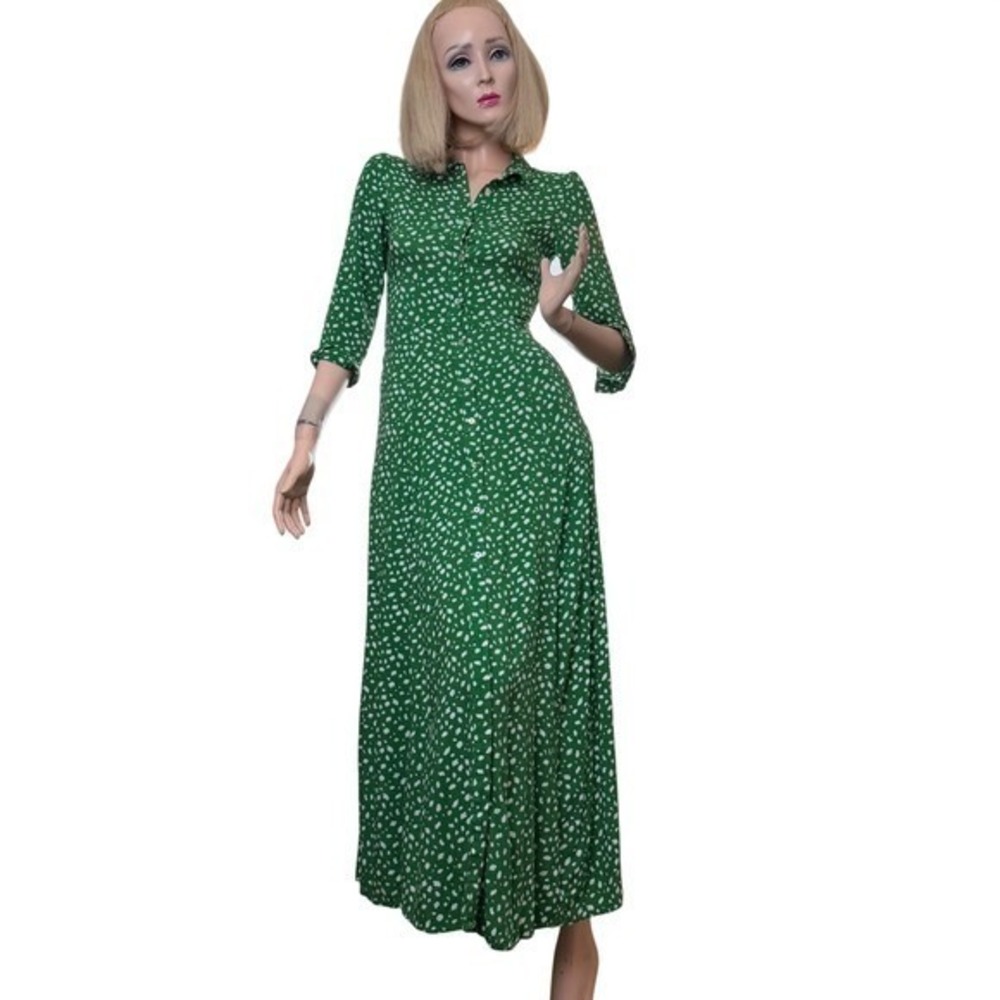 Zara Womens Shirt Dress Green White Fleck Collared 3/4 Sleeve Boho Resort Sz XS